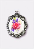 19x16mm Bouquet Of Mix Flowers Oval Medal Enamel On Antiqued Silver Tone Base x1