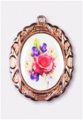 28x23mm Bouquet Of Mix Flowers Oval Medal Enamel On Antiqued Copper Tone Base x1