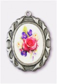 28x23mm Bouquet Of Mix Flowers Oval Medal Enamel On Antiqued Silver Tone Base x1
