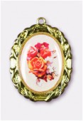 28x23mm Bouquet Of  Roses Oval Medal Enamel On Gold Tone Base  x1