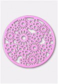 47mm Pink Color Coated Brass Filigree Stamping Round Flower x1