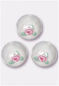 6mm White Pink Czech Round Bead W / Inlay Flower x1