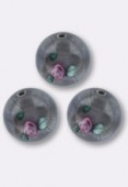 10mm Gray Pink Czech Round Bead W / Inlay Flower x1