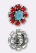 Rhinestone Button 14mm Coral Center / Turquoise Outer On Antique Silver x1