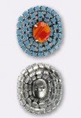 Rhinestone Button 30x28mm Coral Center / Turquoise Outer On Antique Silver x1