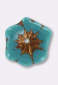 20mm Czech Alpha Flower Glass Bead Green Turquoise Antique Bronze x1